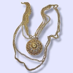Vintage Gold Tone Filigree Round Pendant Necklace 18in Multi Chain